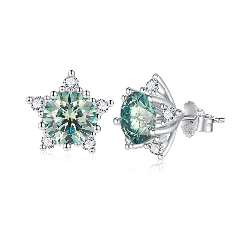 Blue Green Moissanite Earrings. 18K White Gold Plated Silver