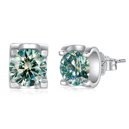 Blue Green Moissanite Earrings. 18K White Gold Plated Silver