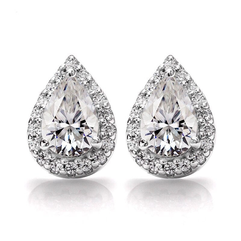 Pear Shape. Moissanite Stud Earrings. 18K White Gold Plated Silver.