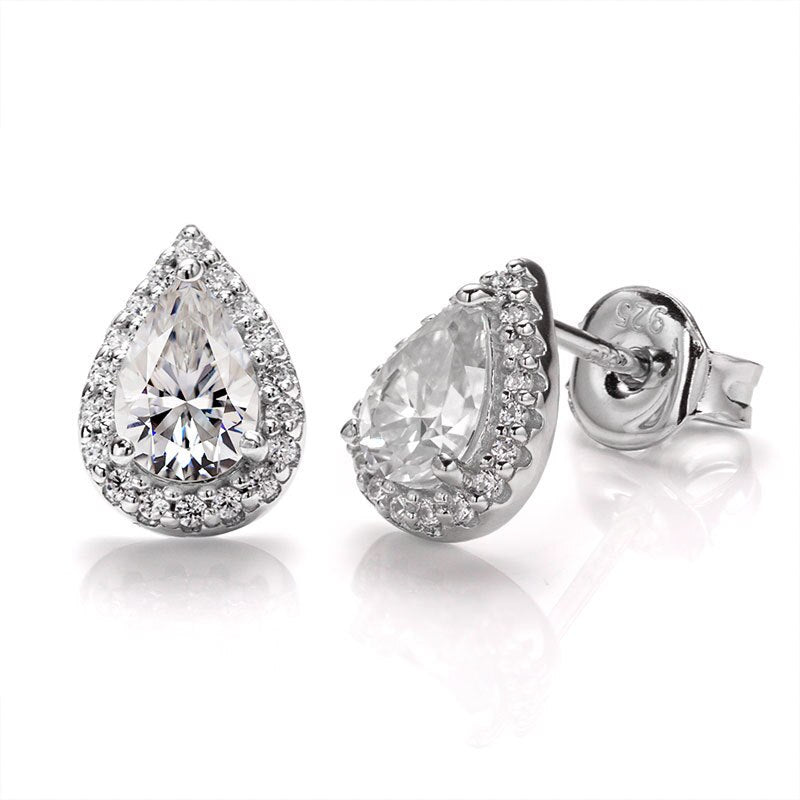 Pear Shape. Moissanite Stud Earrings. 18K White Gold Plated Silver.