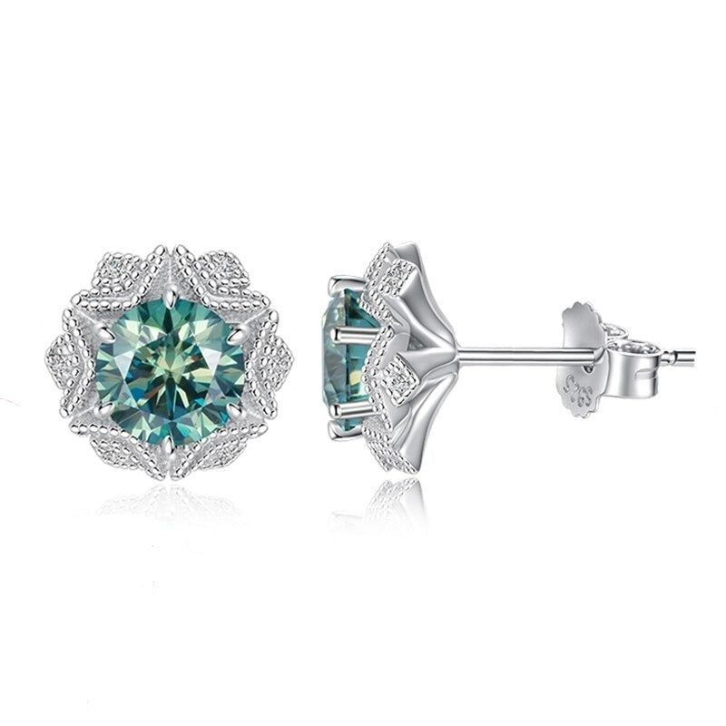 Blue Green Moissanite Earrings. 18K White Gold Plated Silver