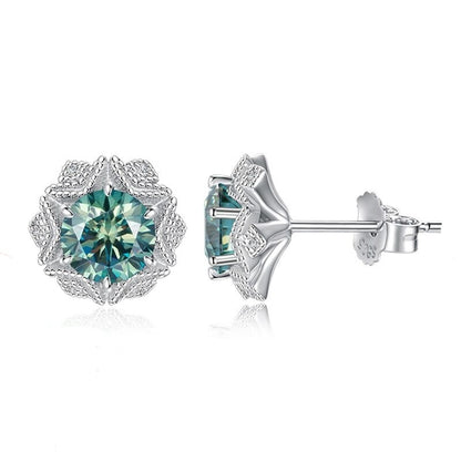 Blue Green Moissanite Earrings. 18K White Gold Plated Silver