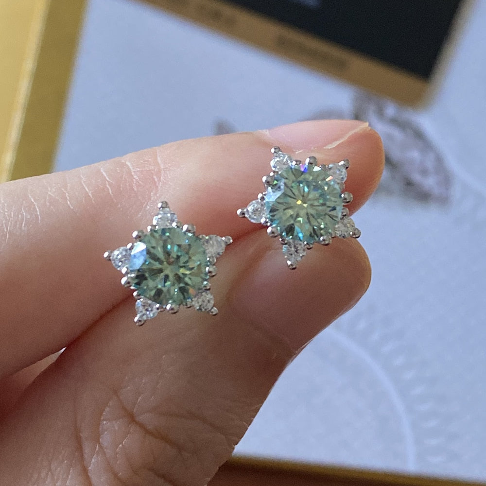 Colored Moissanite Stud Earrings. 1.0 Carat. 18K White Gold Plated Silver.