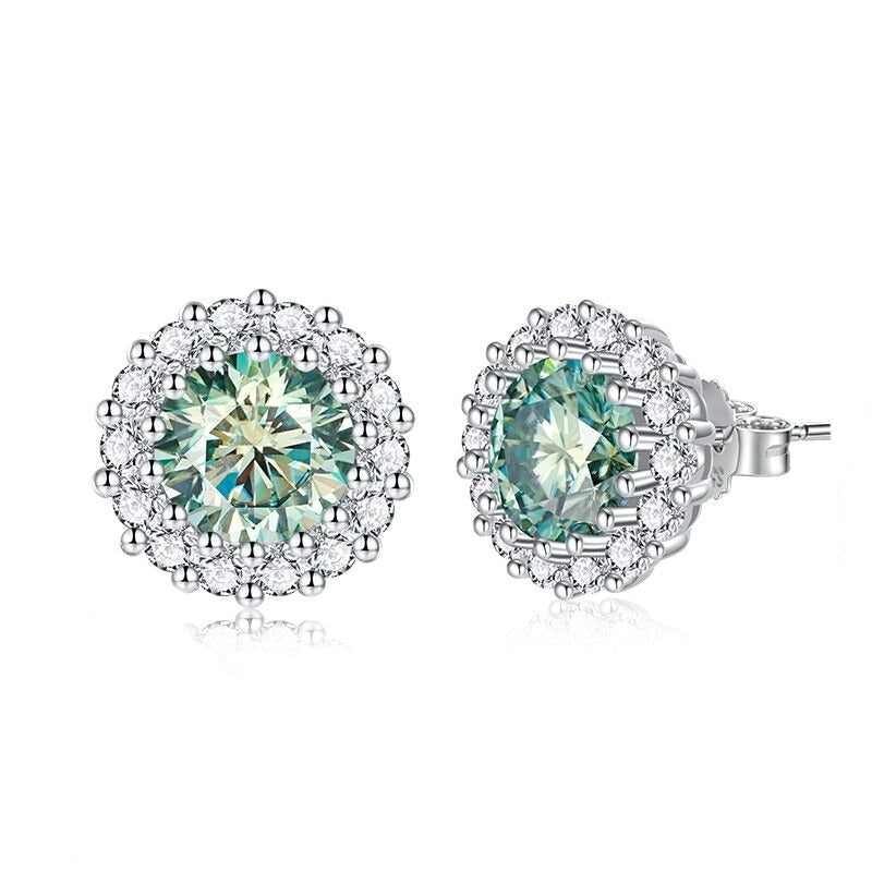 Blue Green Moissanite Earrings. 18K White Gold Plated Silver