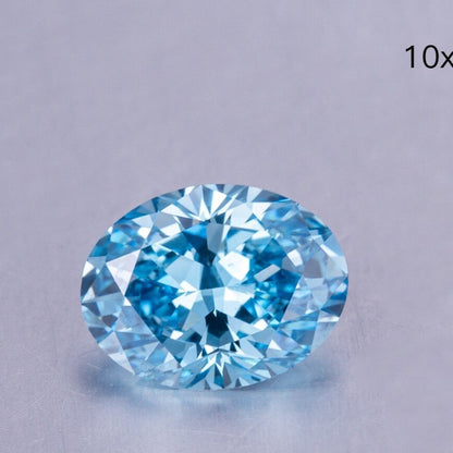 Coupe ovale. Bleu verdâtre intense et fantaisie. 1,0 à 2,0 carats. Diamant cultivé en laboratoire