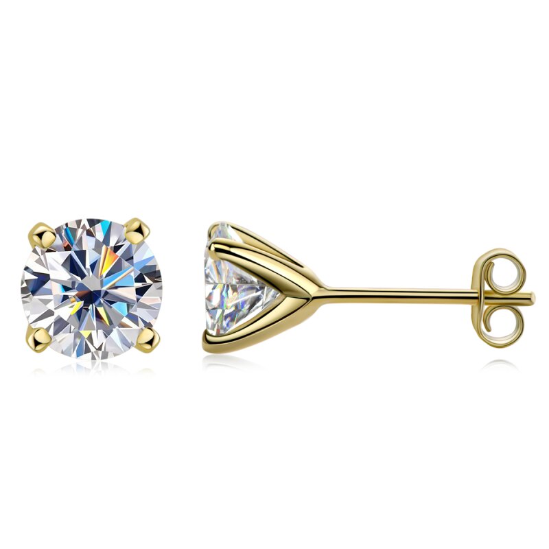 Round Moissanite Stud Earrings. D VVS1. 18K Gold Plated Silver