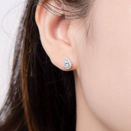 Pear Shape. Moissanite Stud Earrings. 18K White Gold Plated Silver.