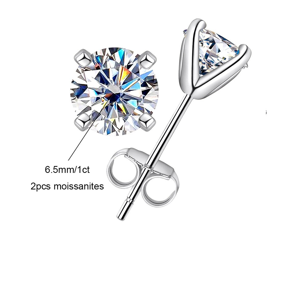 Round Moissanite Stud Earrings. D VVS1. 18K Gold Plated Silver