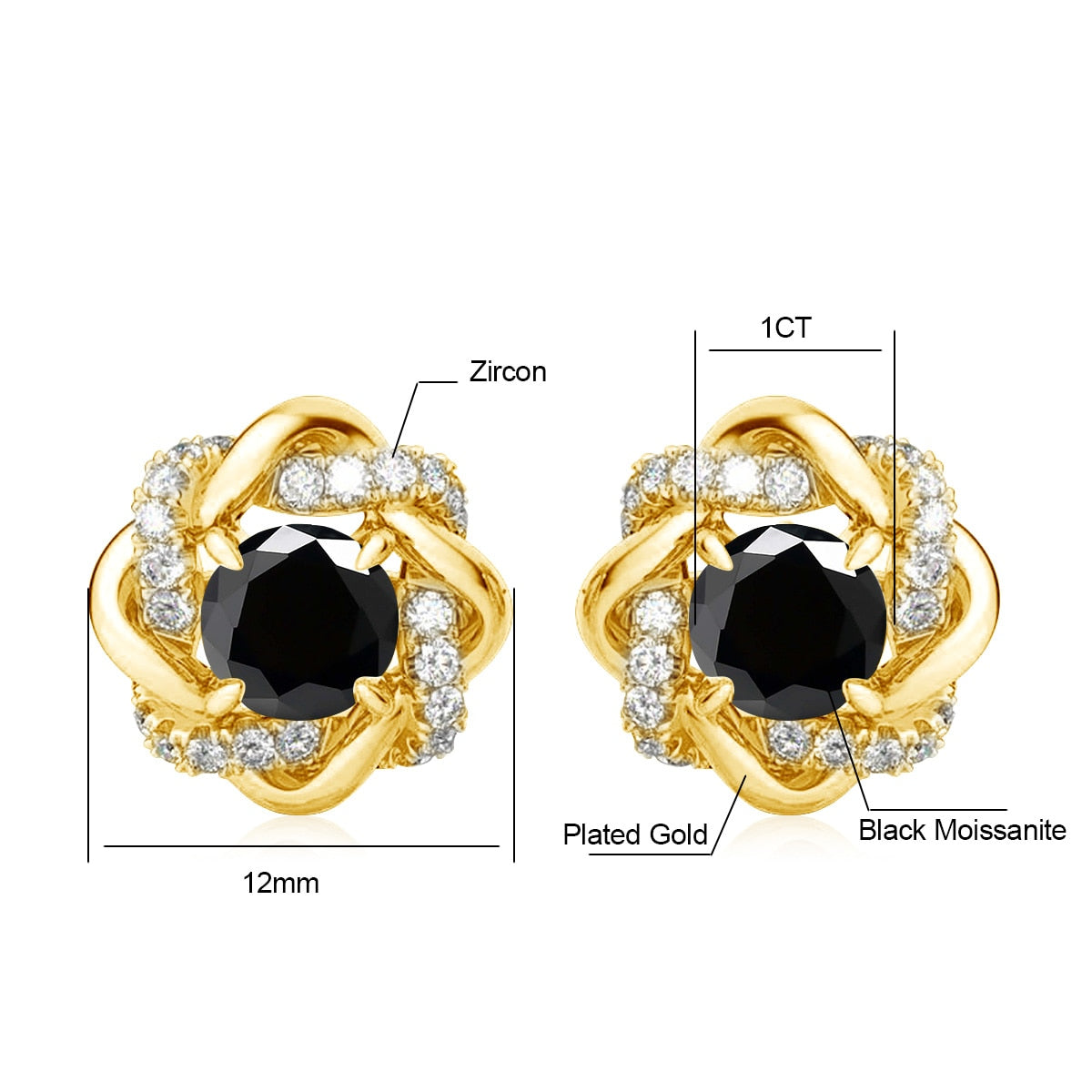 Black and White. Moissanite Stud Earrings. 2.0 Carat. 18K Gold Plated Silver.