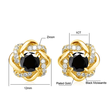 Black and White. Moissanite Stud Earrings. 2.0 Carat. 18K Gold Plated Silver.