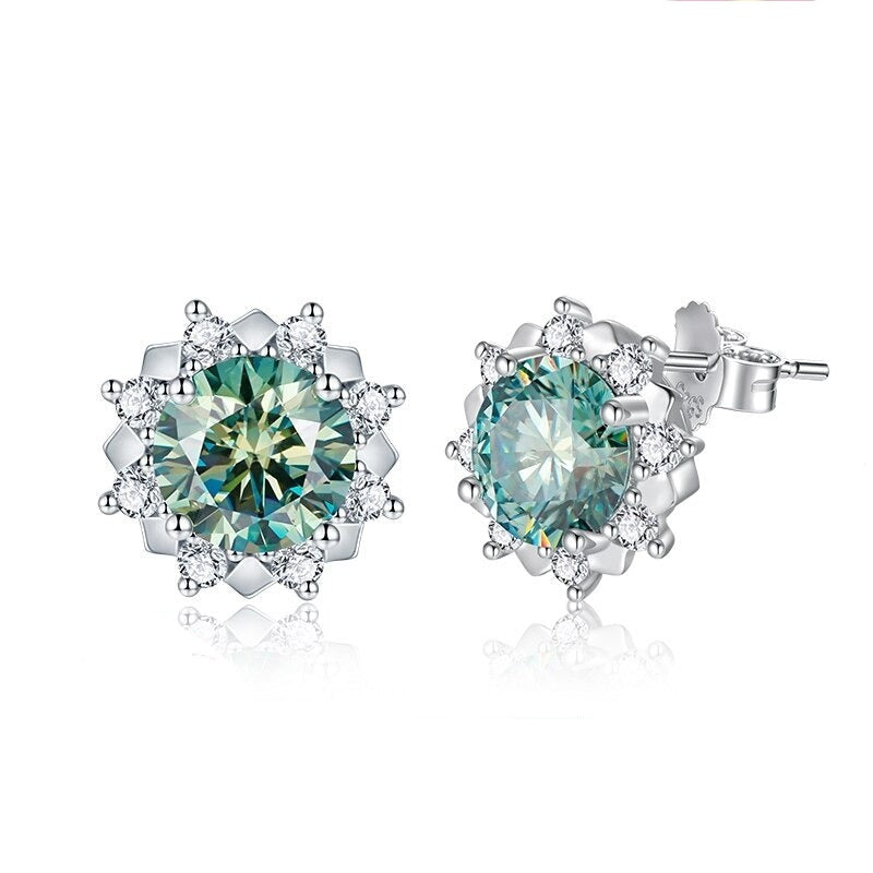 Blue Green Moissanite Earrings. 18K White Gold Plated Silver