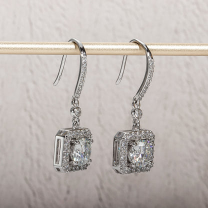 2 Carat Cushion D Color Moissanite Drop Earrings