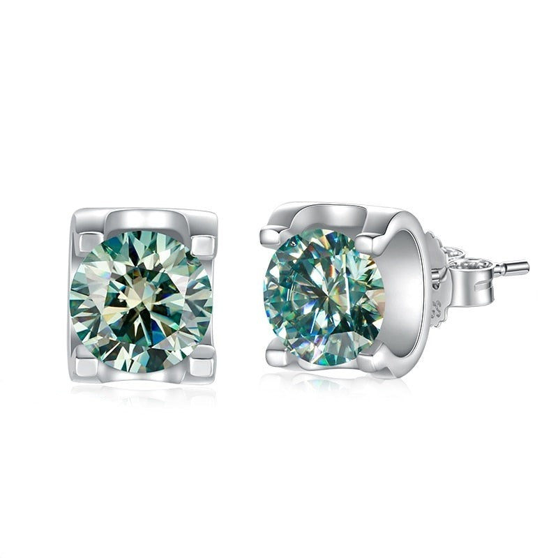 Blue Green Moissanite Earrings. 18K White Gold Plated Silver