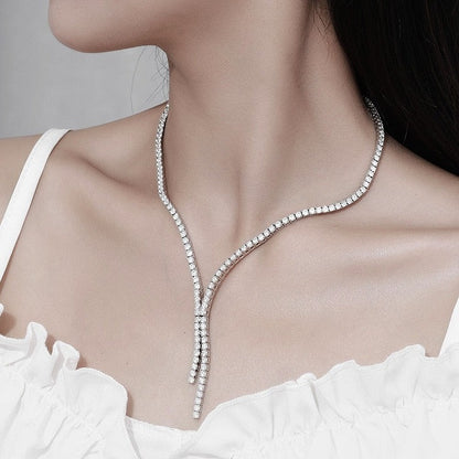 Luxury Moissanite Tennis Necklace. 18K White Gold Plated Silver.