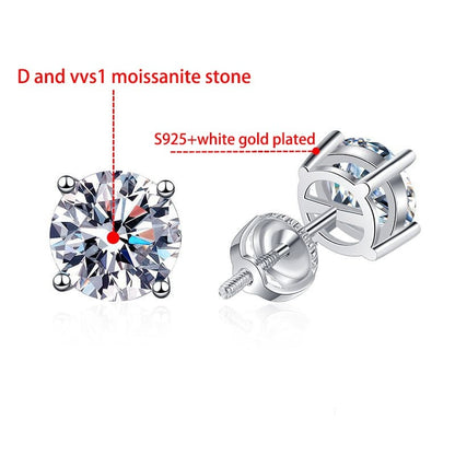 Moissanite Stud Earrings. 18K White Gold Plated Silver 1.0 to 4.0 Carat.
