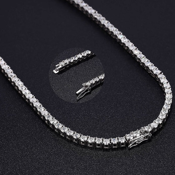 Luxury Moissanite Tennis Necklace. 18K White Gold Plated Silver.