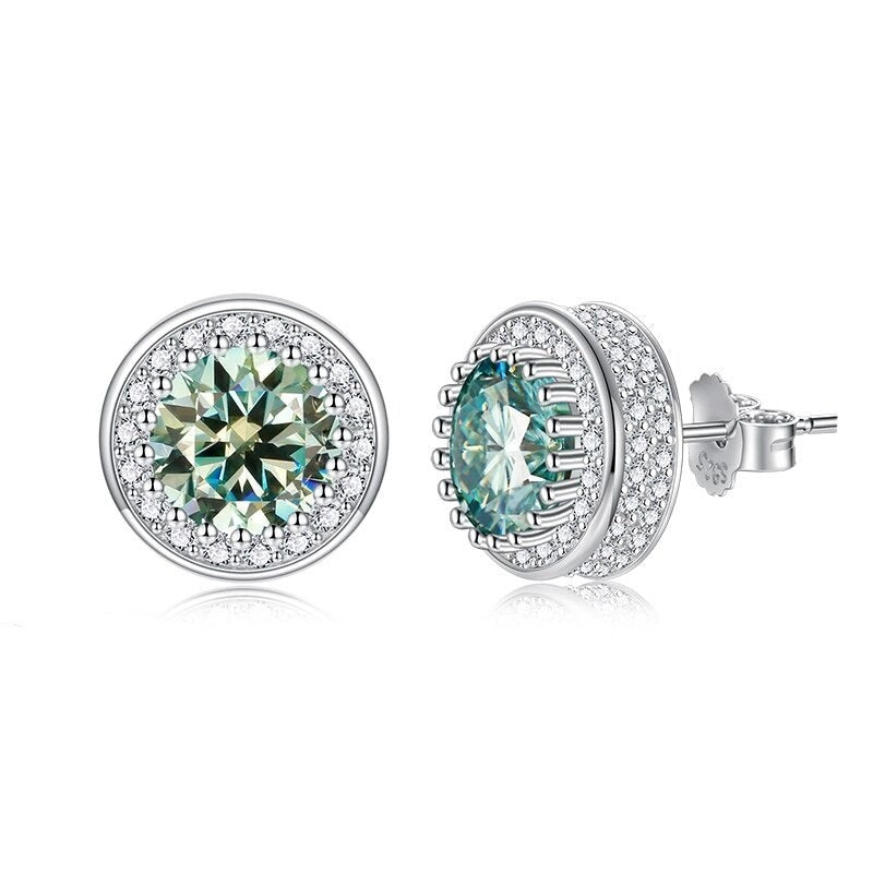 Blue Green Moissanite Earrings. 18K White Gold Plated Silver