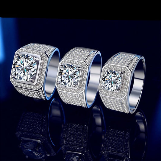 Moissanite Men's Rings. 2.0 to 5.0 Carat. D VVS1. 18K Gold Plated Silver.