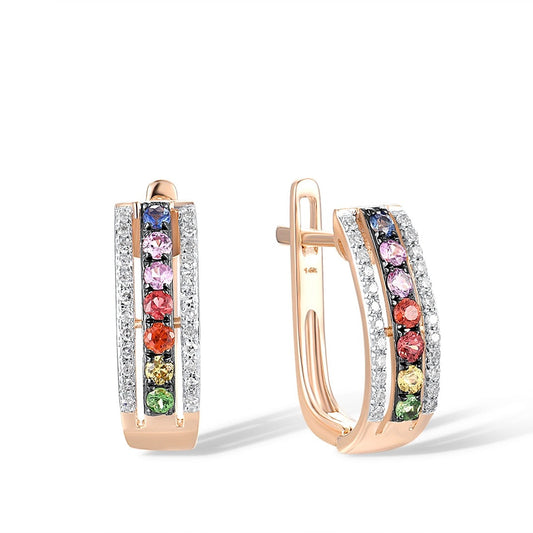 Diamond, Ruby, Emerald, and Sapphire. Colorful Gold Earrings.