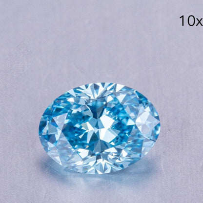 Coupe ovale. Bleu verdâtre intense et fantaisie. 1,0 à 2,0 carats. Diamant cultivé en laboratoire